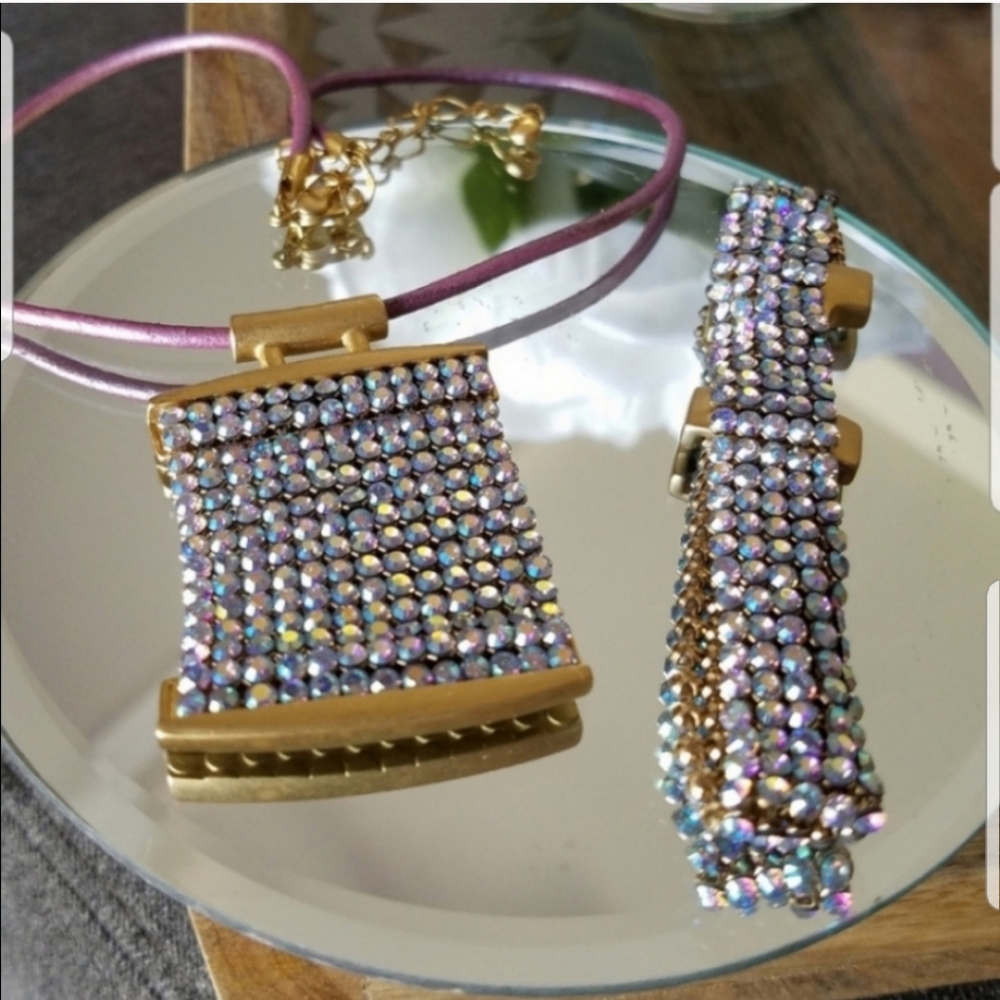 AUTHENTIC RARE Vintage Swarovski Mesh Aurora Borealis SET Necklace & Bracelet - Picture 9 of 17